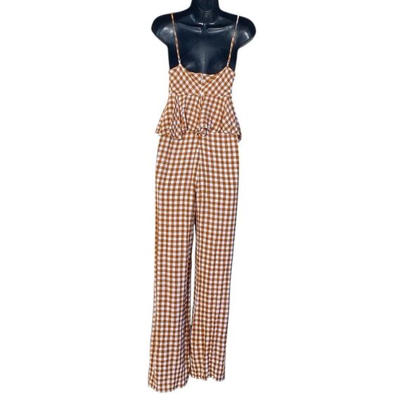 Saylor Laken Sparrow Brown White Gingham Peplum Tie Front Jumpsuit Sz M - Picture 8 of 16